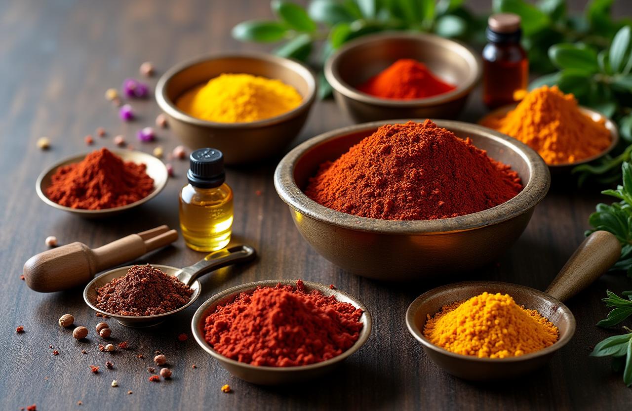 Cuencos con especias y aceites para un masaje ayurvédico
