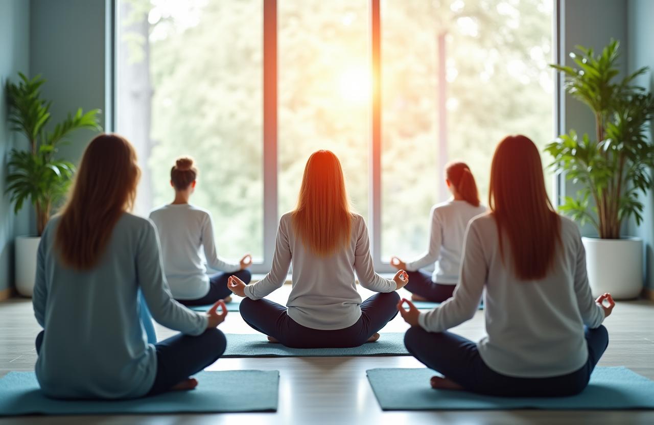 Equipo de trabajo relajado durante una sesión de wellness para empresas