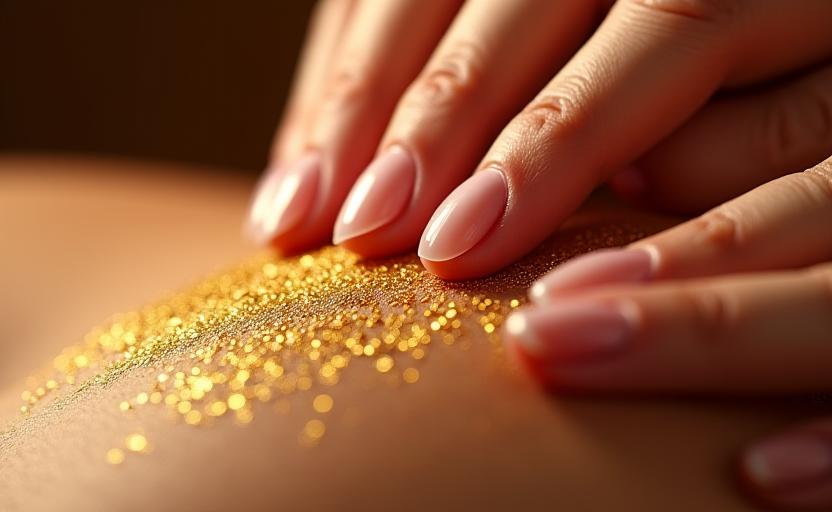 Detalle de un masaje de oro con partículas doradas sobre la piel